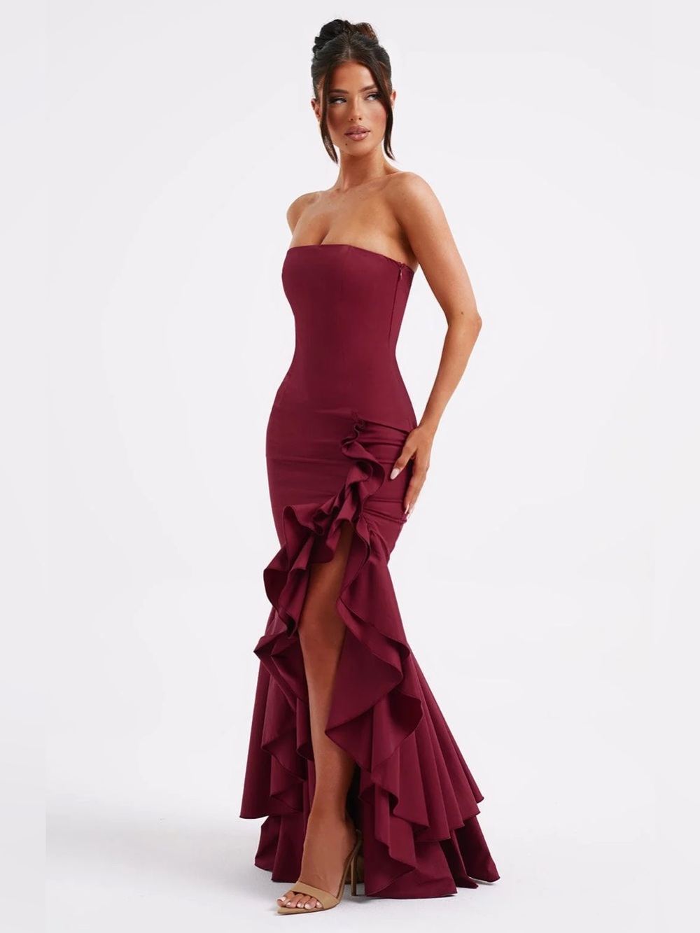 BABYBOO Angelina Maxi Dress XS Burgundy Red Mermaid Ruffle Slit Formal Wedding - Picture 2 of 8